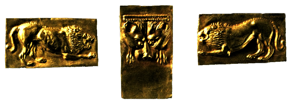 ΜΘ 5129, ΜΘ 5130, ΜΘ 5131 Χρυσά πλακίδια με έκτυπη παράσταση λιονταριού που επιτίθεται και κεφαλής λιονταριού. Βρέθηκαν στον τάφο ενός άνδρα και πιθανόν διακοσμούσαν το ξίφος του. Σταυρούπολη Θεσσαλονίκης, οδός Δαγκλή, κιβωτιόσχημος τάφος. 400-375 π.Χ. © ΥΠΠΟΑ - ΑΜΘ