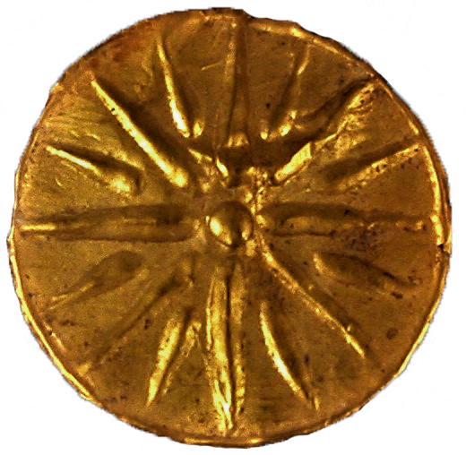ΜΘ 7411 Χρυσό διακοσμητικό εξάρτημα υφάσματος ή ξύλινης κλίνης, σε σχήμα μικρού δίσκου που διακοσμείται με έκτυπο δεκαεξάκτινο αστέρι. Κατερίνη, Τάφος Α. 350-325 π.Χ. © ΥΠΠΟΑ - ΑΜΘ