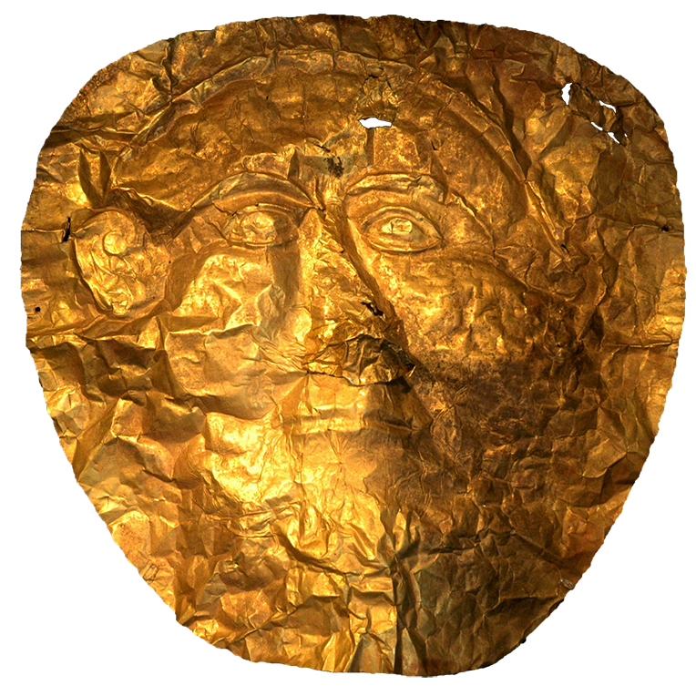 ΜΘ 7980. Χρυσή σφυρήλατη μάσκα που κάλυπτε το πρόσωπο ενός νεκρού. Η μύτη διαμορφώθηκε σε χωριστό έλασμα. Σίνδος, νεκροταφείο. Γύρω στο 510 π.Χ. © ΥΠΠΟΑ - ΑΜΘ