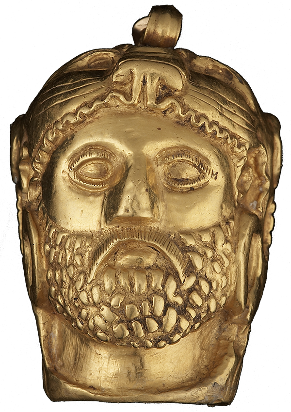 Ζ 4 Χρυσό κρεμαστό κόσμημα (περίαπτο) Αποδίδεται κεφαλή Hρακλή με λεοντή. Δερβένι, Τάφος Ζ. Τέλη 4ου αι. π.Χ. © ΥΠΠΟΑ - ΑΜΘ